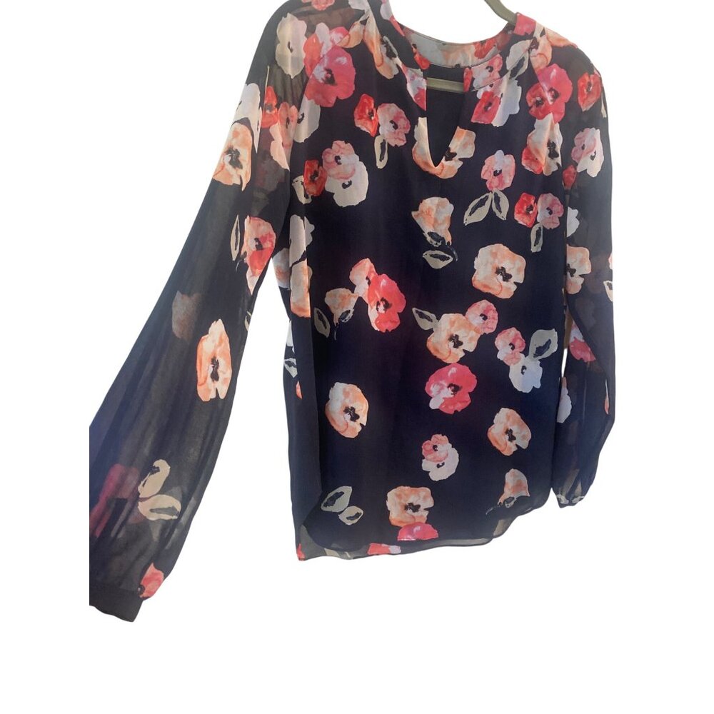 CAbi Poppy Blouse Medium* Tunic Top Navy Pink Floral Sheer lined Long Sleeve - Picture 4 of 10